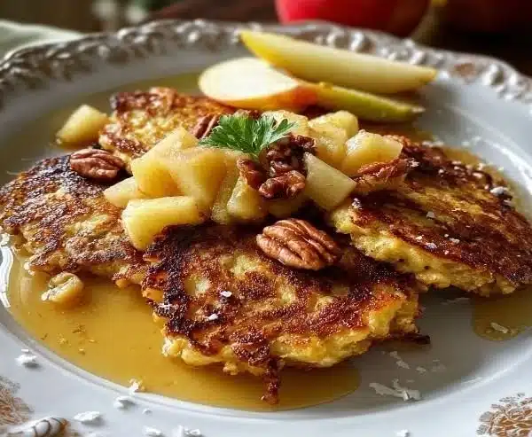 Healthy oatmeal and apple pancakes stacked on a plate with syrup.