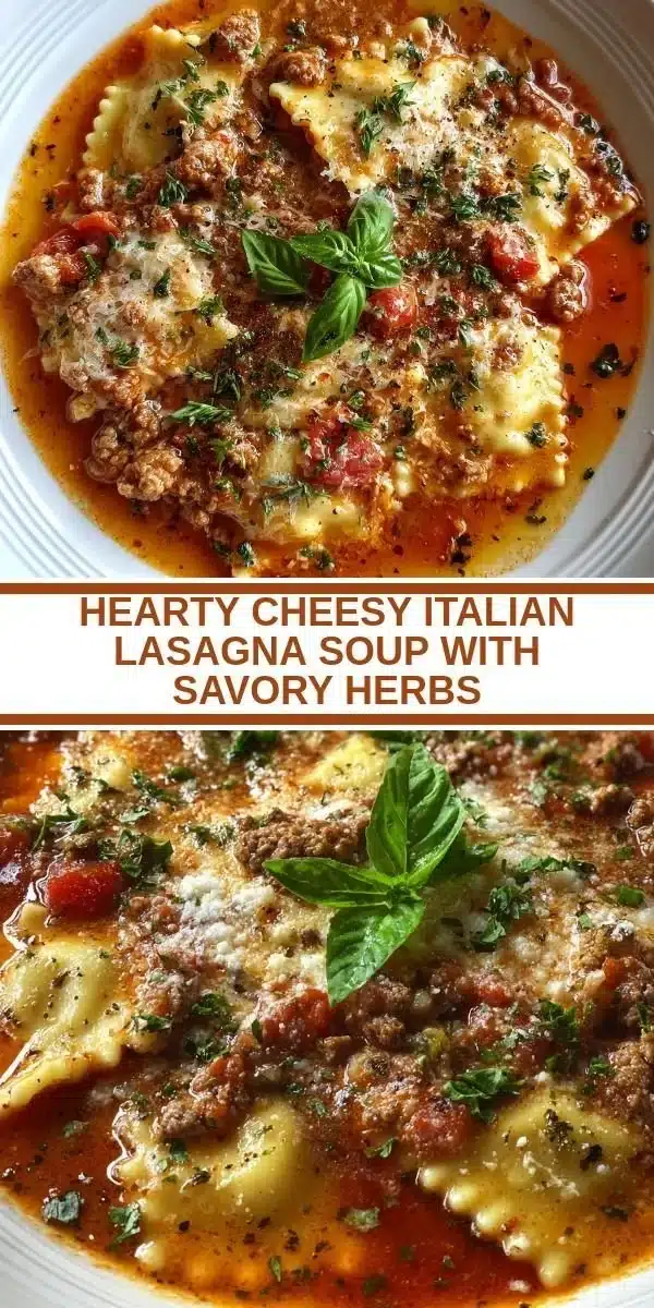 Hearty Cheesy Italian Lasagna Soup with Savory Herbs 2 Hearty Cheesy Italian Lasagna Soup garnished with herbs in a bowl.