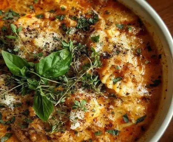 Bowl of hearty cheesy Italian lasagna soup topped with herbs and cheese