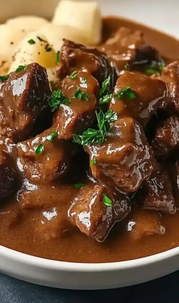 Hearty Crock Pot beef tips simmering in rich gravy for a cozy dinner