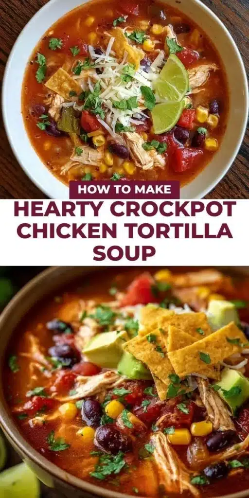 Hearty crockpot chicken tortilla soup in a bowl topped with tortilla strips and cilantro.