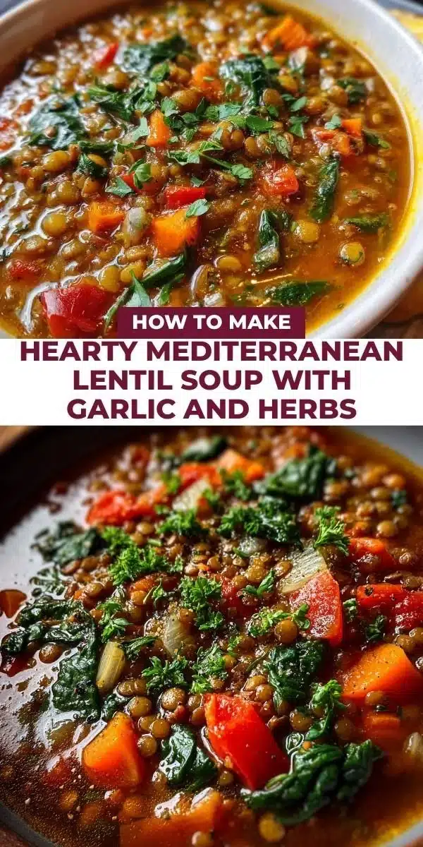 Bowl of hearty Mediterranean lentil soup with garlic and fresh herbs