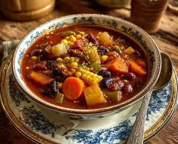 Bowl of hearty spicy cowboy soup with smoky beans and tender vegetables.
