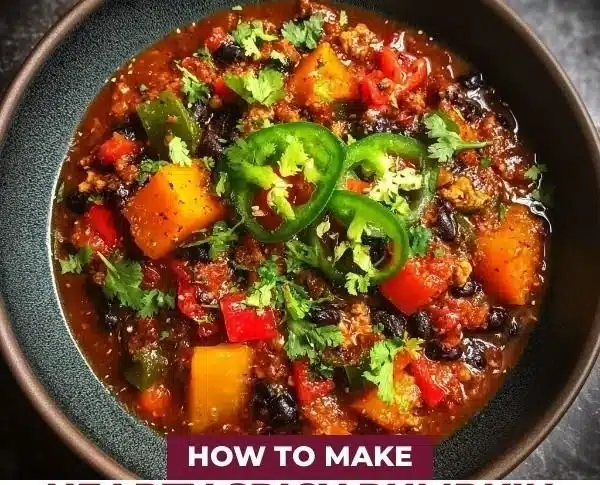 Bowl of hearty spicy pumpkin chili with black beans and sweet peppers