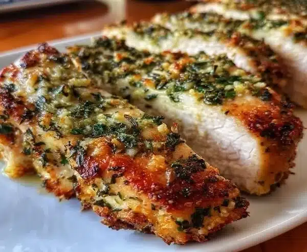 Herb-crusted turkey breast with garlic on a white plate garnished with herbs