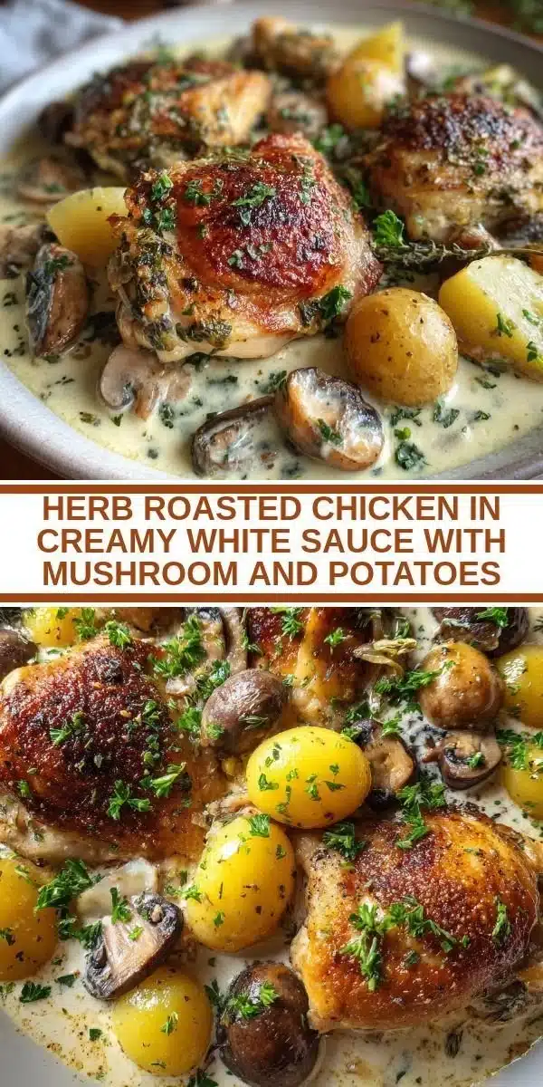Herb roasted chicken served in creamy white sauce with mushrooms and potatoes