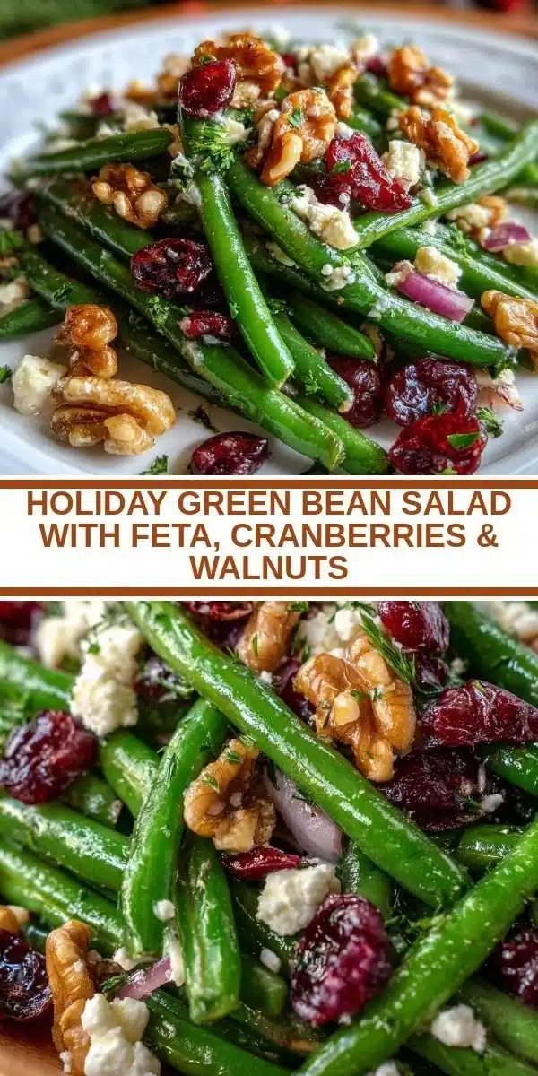 Holiday green bean salad with feta, cranberries, and walnuts served in a bowl.