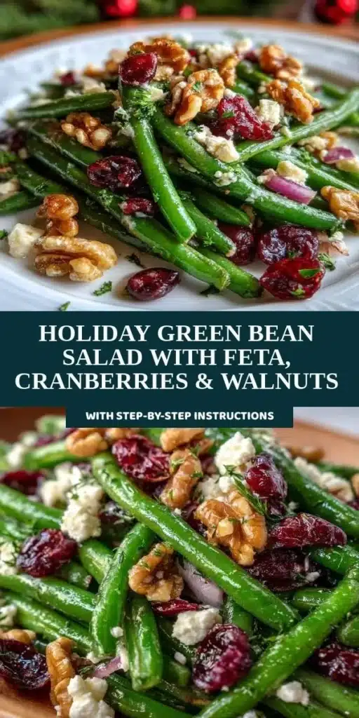 Holiday green bean salad with feta, cranberries, and walnuts in a festive serving bowl.
