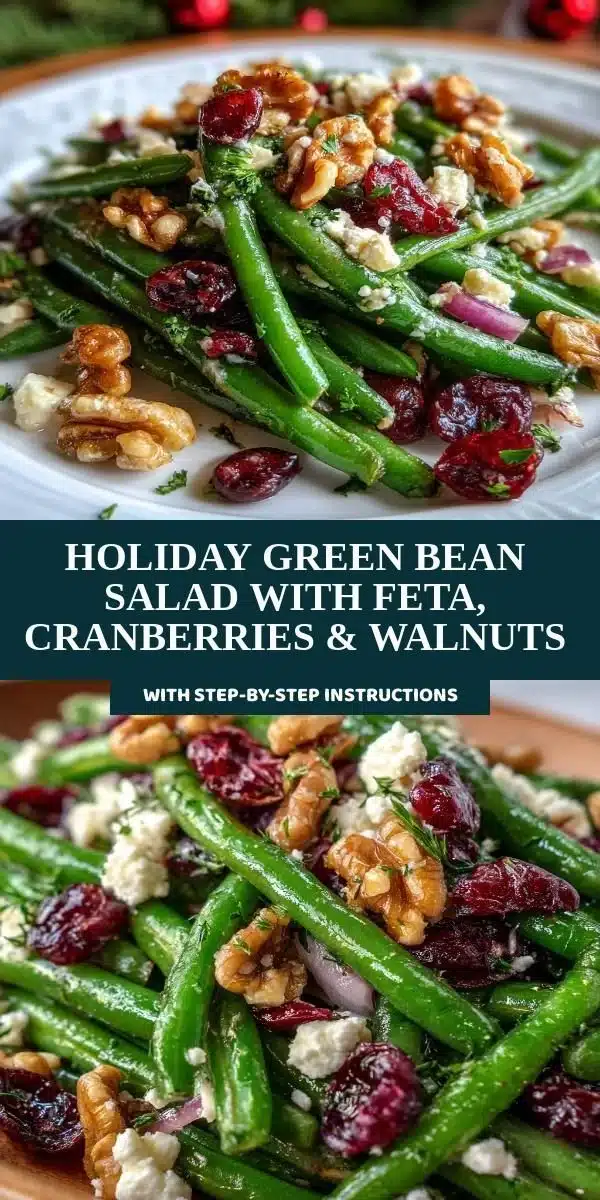 Holiday green bean salad with feta, cranberries, and walnuts in a festive serving bowl.