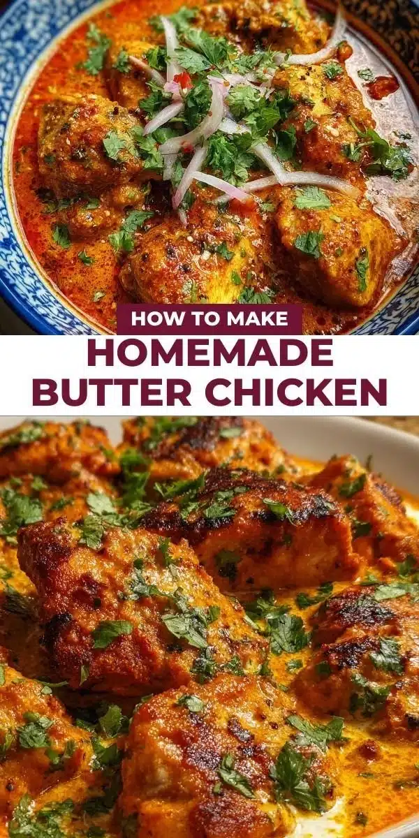 Delicious homemade butter chicken served with rice and naan.