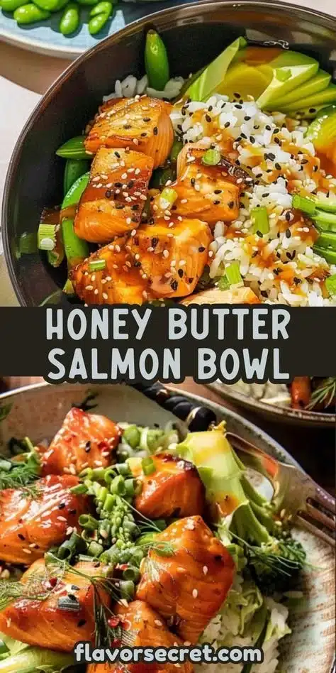 Honey Butter Roasted Salmon Rice Bowl served with vegetables and rice