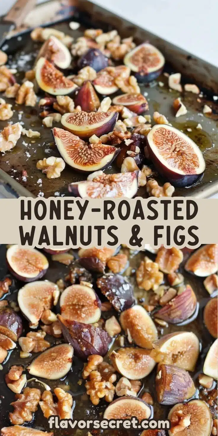 Honey-Roasted Walnuts & Figs 2 Delicious honey-roasted walnuts paired with figs on a wooden serving board.