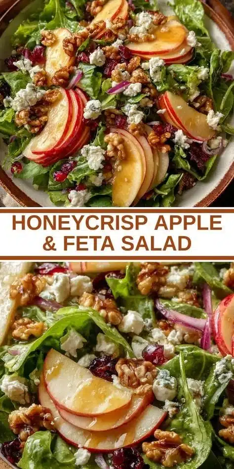 Honeycrisp Apple Salad with feta, walnuts, and mixed greens in a bowl