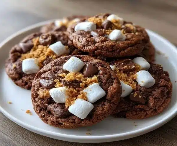 Delicious hot chocolate cookies topped with mini marshmallows ready to enjoy