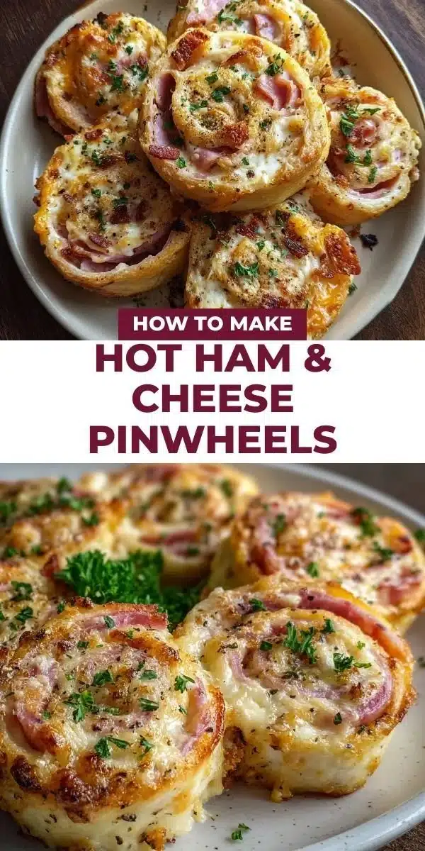 Hot ham and cheese pinwheels recipe with golden crust and melted filling
