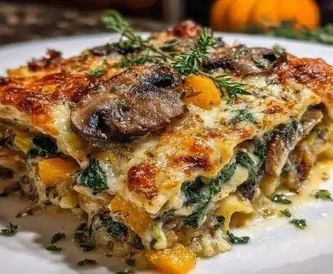 Invisible Butternut Squash Spinach Mushroom Lasagna 6 Delicious butternut squash lasagna with spinach and mushrooms layered in a baking dish.