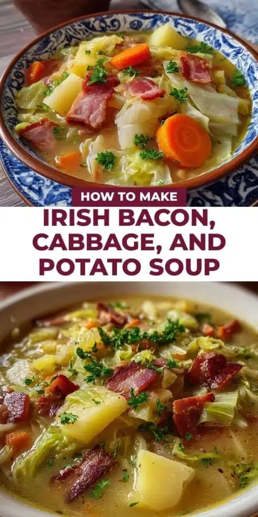 Bowl of Irish bacon cabbage and potato soup garnished with fresh herbs.