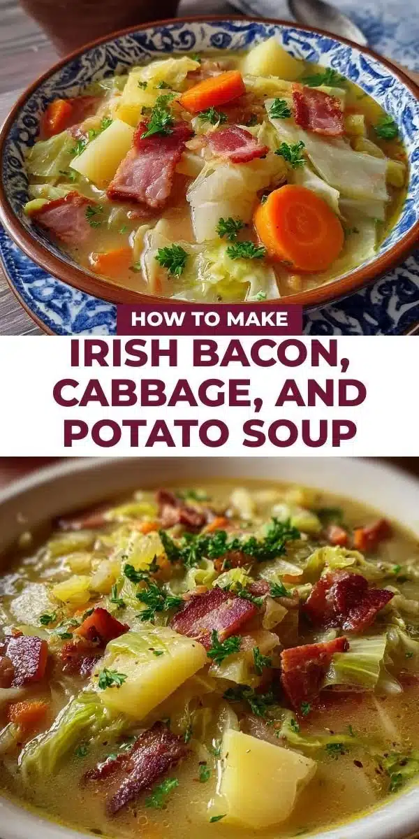Bowl of Irish bacon cabbage and potato soup garnished with fresh herbs.