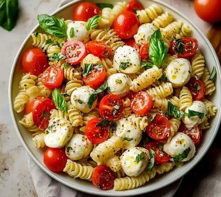 Irresistibly Creamy Caprese Pasta Salad for Sunny Days 2 Irresistibly creamy Caprese pasta salad with fresh basil, mozzarella, and tomatoes