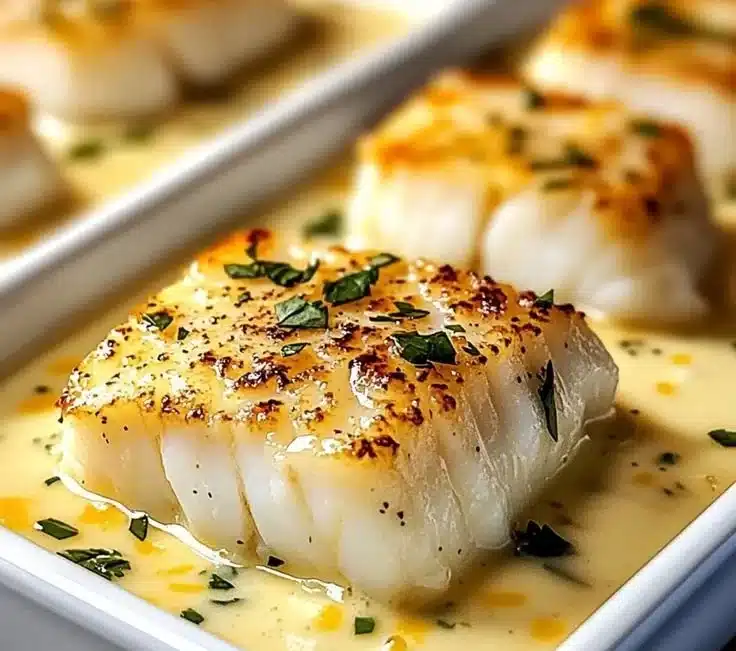 Creamy cod fillets in coconut cream and lemon sauce on a plate
