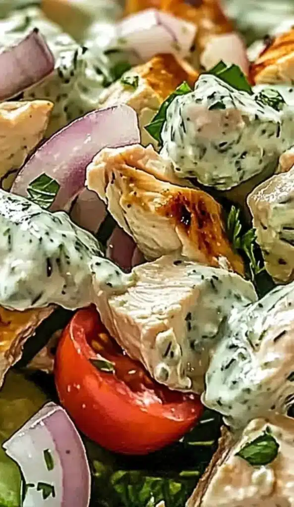 Creamy tzatziki chicken salad served in a bowl with fresh herbs and vegetables.