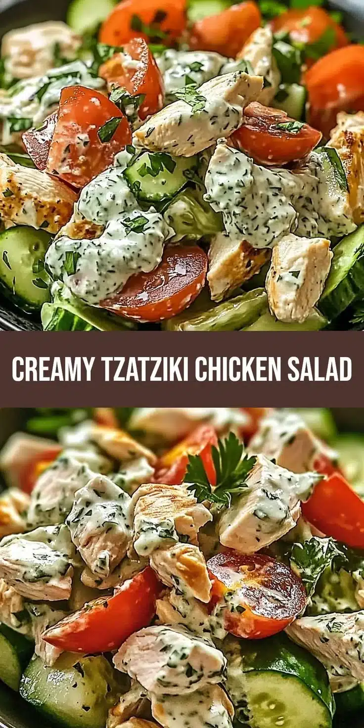 Creamy Mediterranean tzatziki chicken salad served in a bowl.
