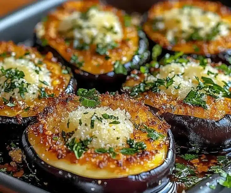 Irresistibly Crunchy Garlic Herb Crusted Eggplant Slices 4 Crunchy garlic herb crusted eggplant slices on a plate
