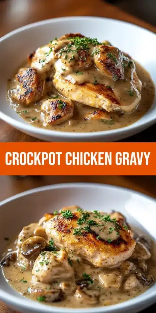 Delicious crockpot chicken and gravy served on a plate for a comforting meal.