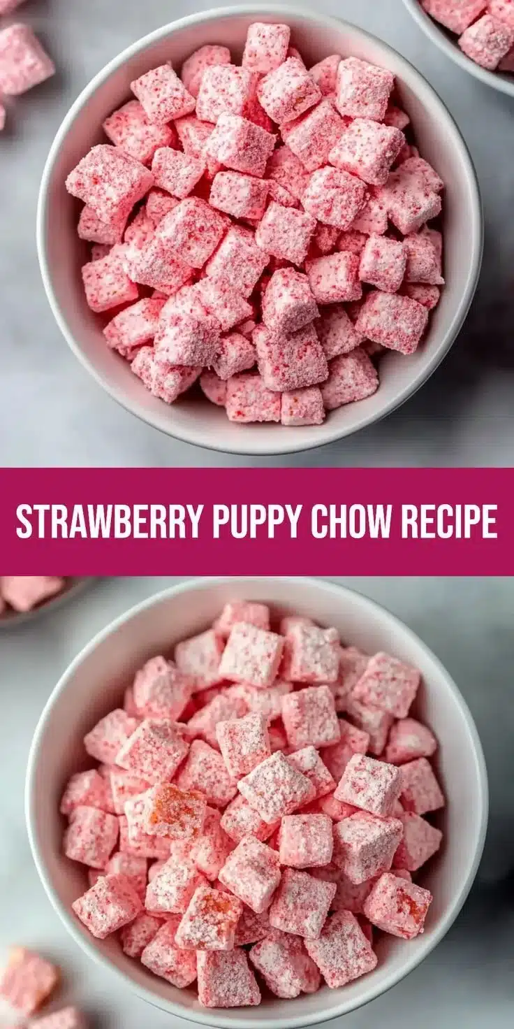 Easy strawberry shortcake puppy chow treats with strawberries and cake mix.