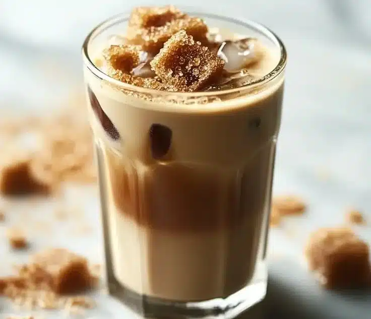 Refreshing brown sugar vanilla iced coffee in a glass with ice cubes.