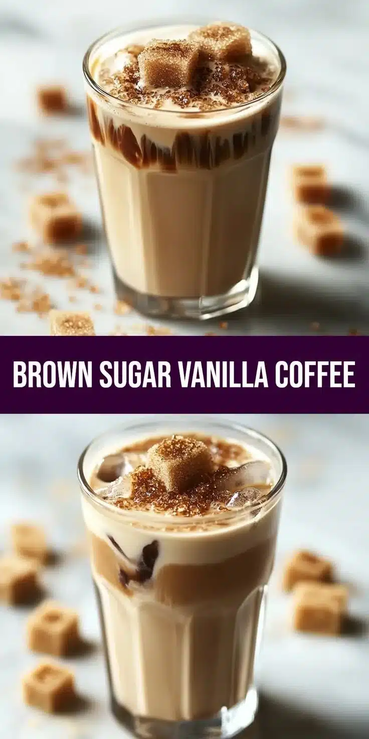 Glass of brown sugar vanilla iced coffee topped with whipped cream and a straw