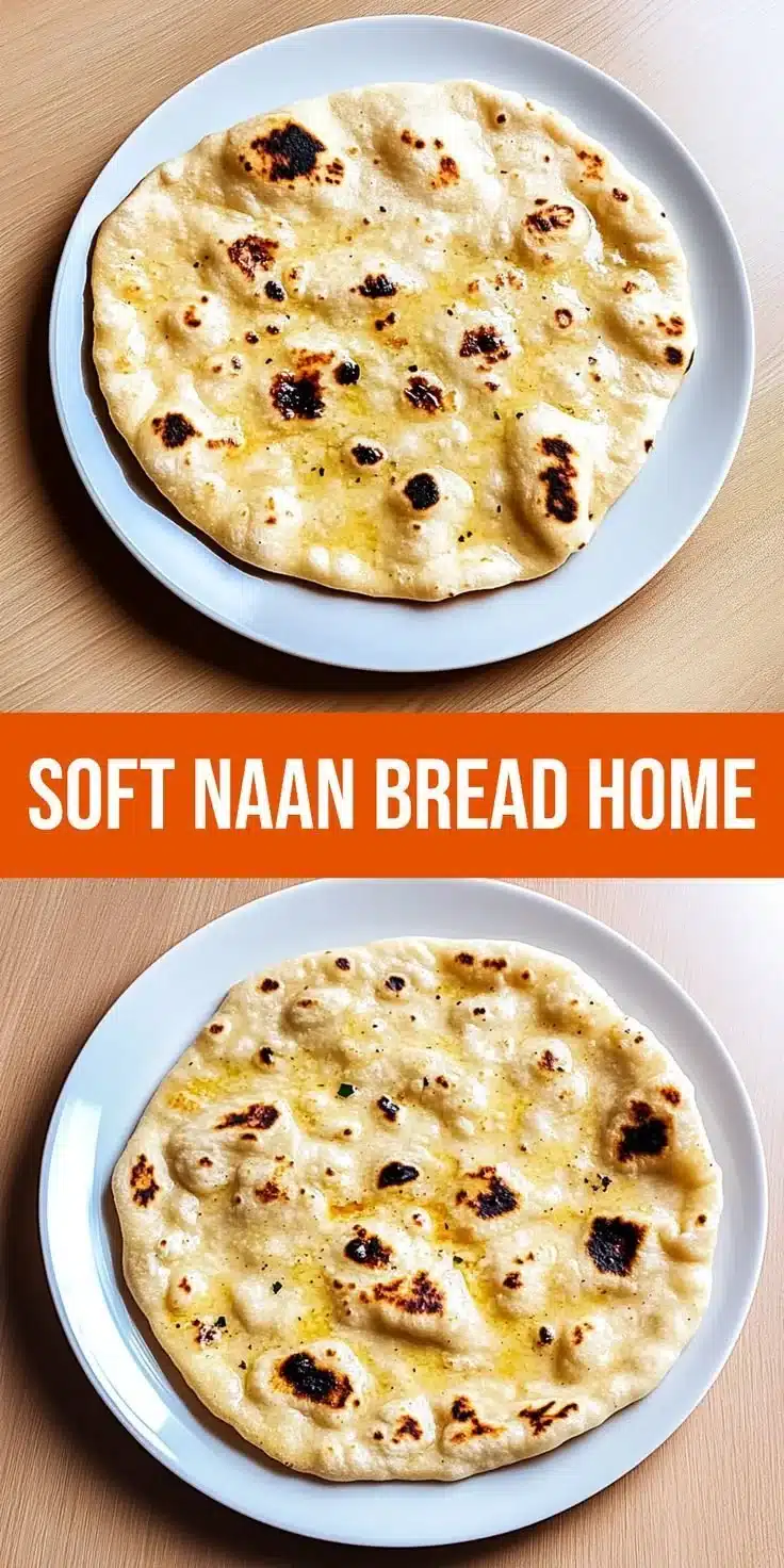 Homemade irresistibly soft cottage cheese naan bread on a wooden table.