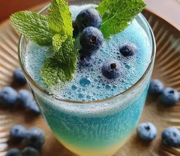 Refreshing Jack Frost Mimosas with a winter theme, garnished with cranberries and mint.