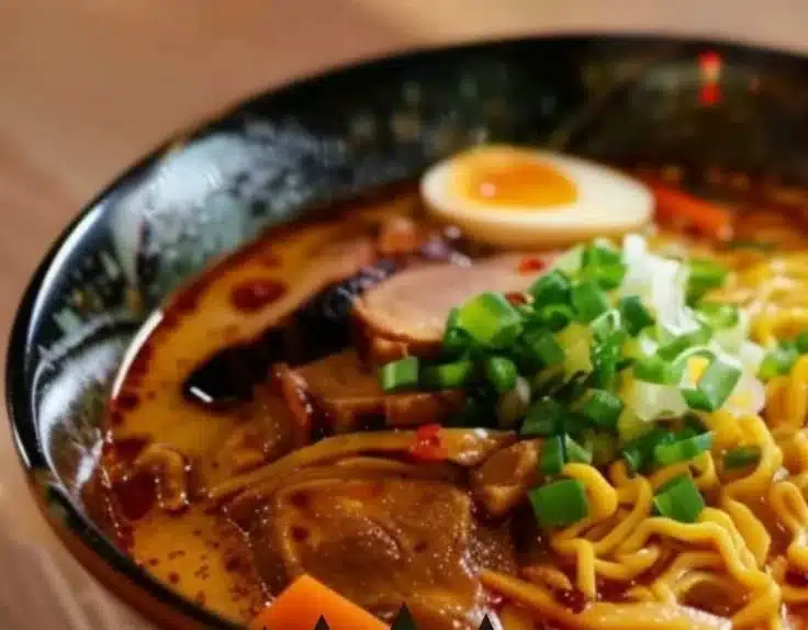 Bowl of Japanese curry ramen topped with fresh vegetables and herbs