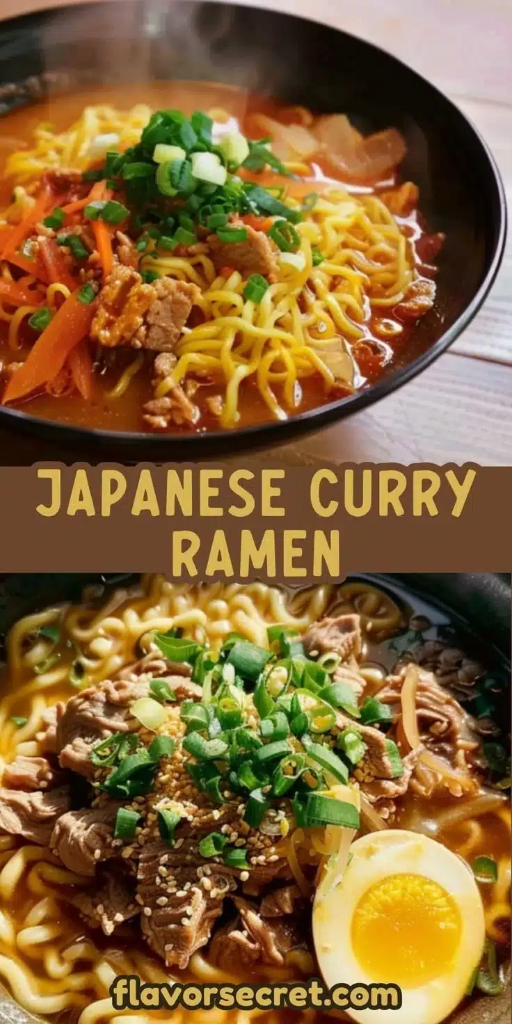 Bowl of Japanese curry ramen topped with vegetables and herbs