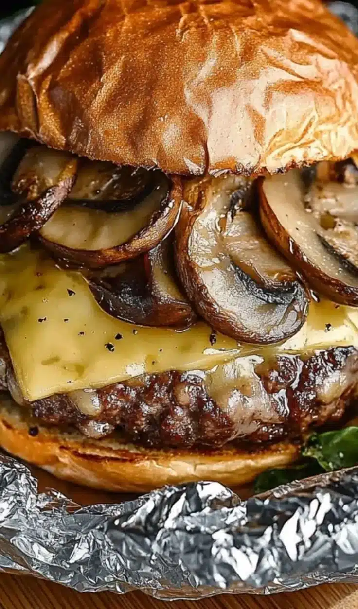 Juicy mushroom and Swiss burger foil packets ready for grilling