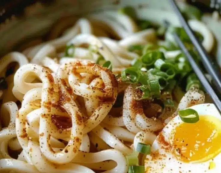 Delicious Kimchi Butter Udon topped with a soft boiled egg