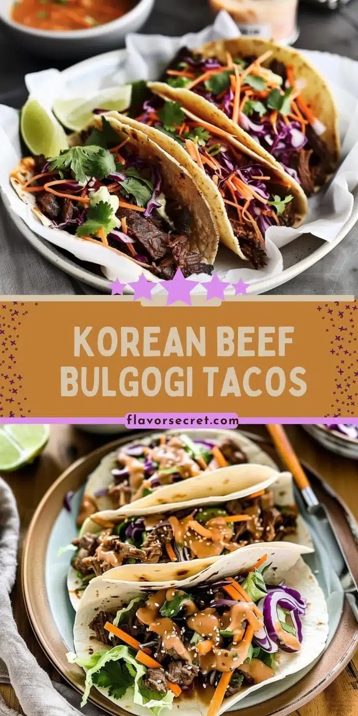 Korean beef bulgogi tacos topped with quick kimchi slaw on a plate