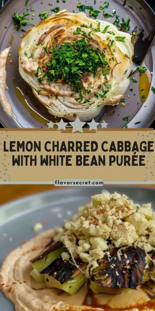 Plate of Lemon Charred Cabbage served with white bean purée garnished with herbs