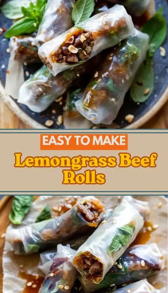 Lemongrass beef spring rolls served with dipping sauce on a plate.