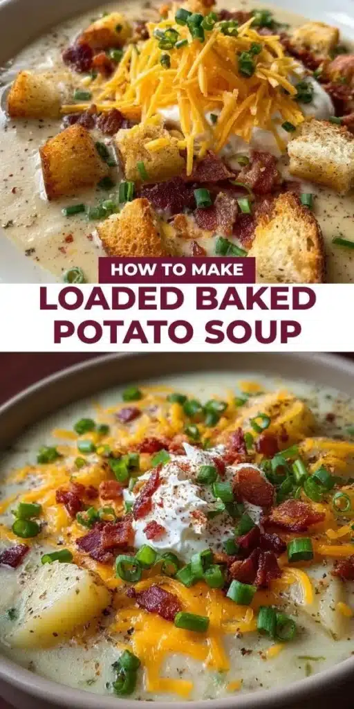 A delicious bowl of loaded baked potato soup topped with cheese, bacon, and green onions.