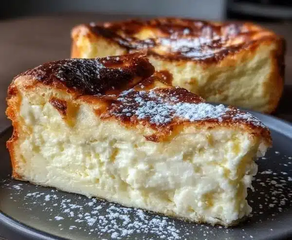 Slice of Loaf Pan Basque Cheesecake with a rich, creamy texture on a plate