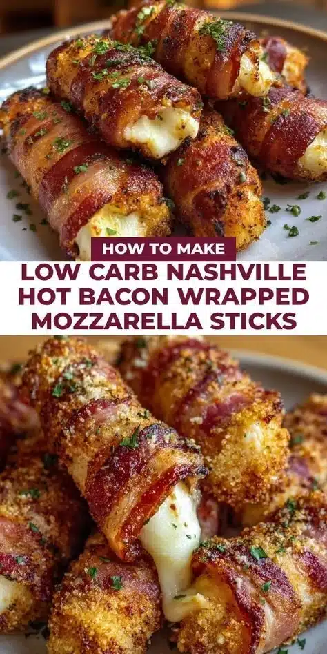 Low carb Nashville hot bacon wrapped mozzarella sticks served on a plate.