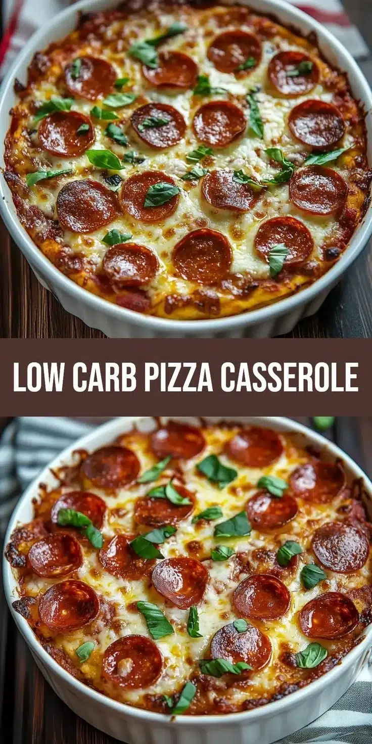 Low Carb Pizza Casserole topped with cheese and pepperoni on a baking dish.