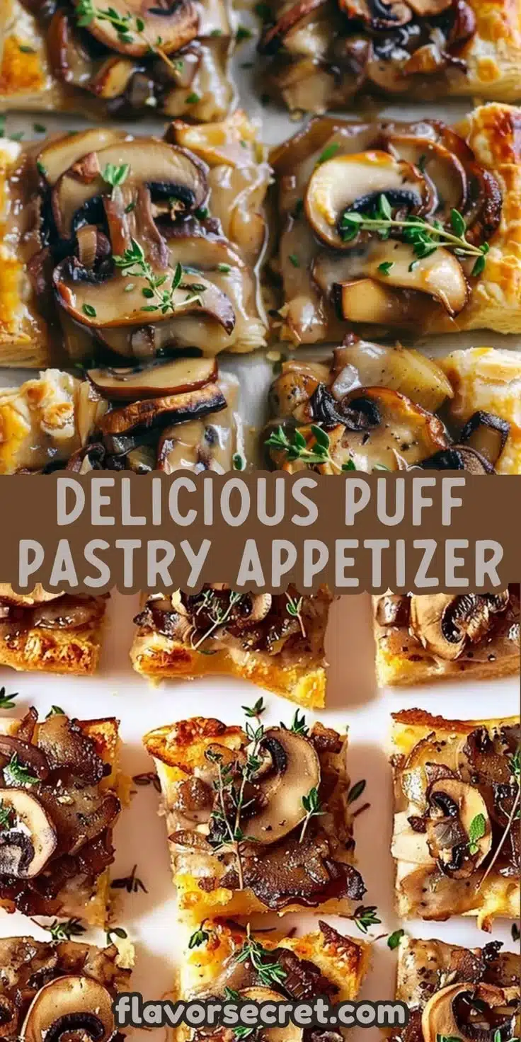 Luxe Mushroom & Thyme Puff Squares 4 Luxe Mushroom & Thyme Puff Squares garnished with fresh herbs