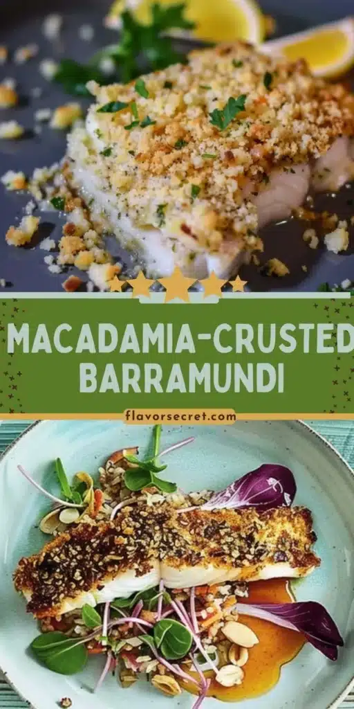 Macadamia-crusted barramundi fillet on a white plate with garnishes