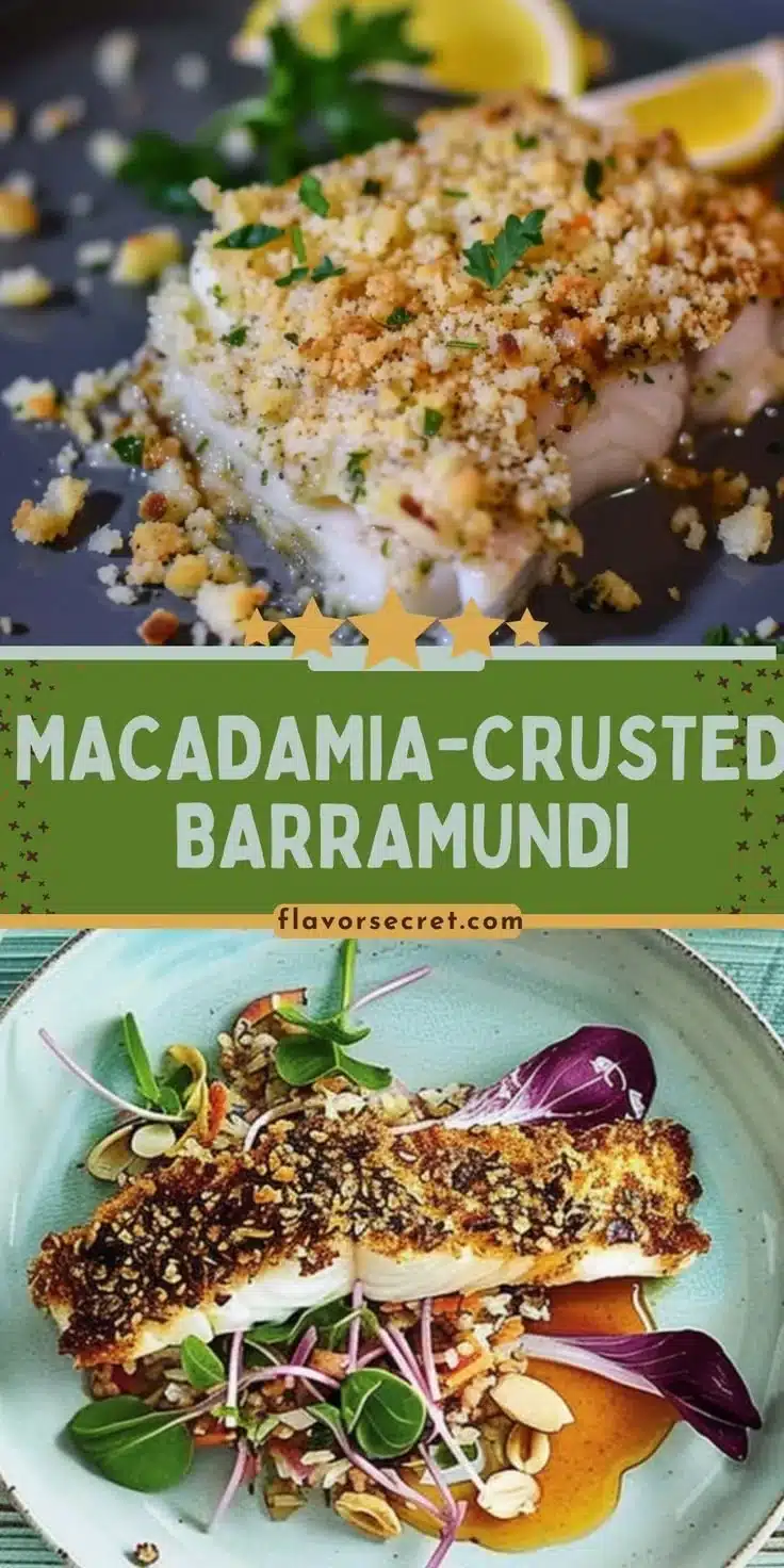 Macadamia-crusted barramundi fillet on a white plate with garnishes