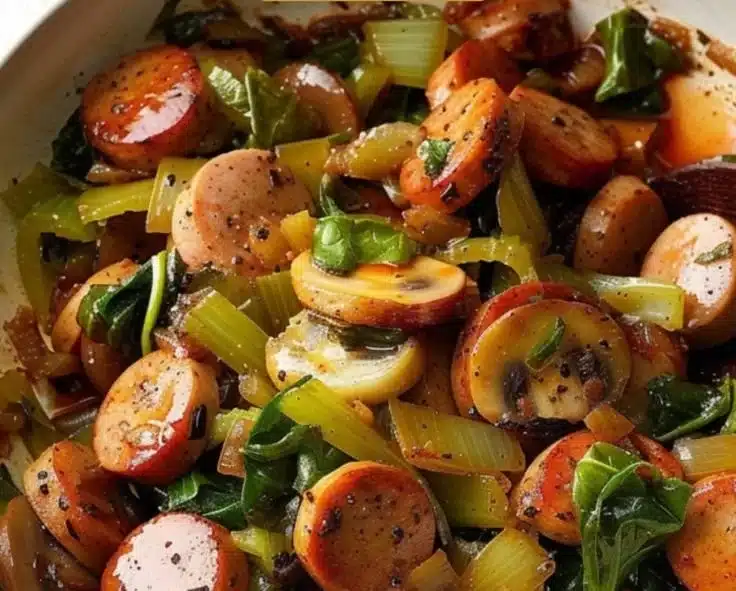 Maple Dijon Cabbage & Sausage Skillet 8 Delicious Maple Dijon Cabbage and Sausage Skillet dish served in a pan