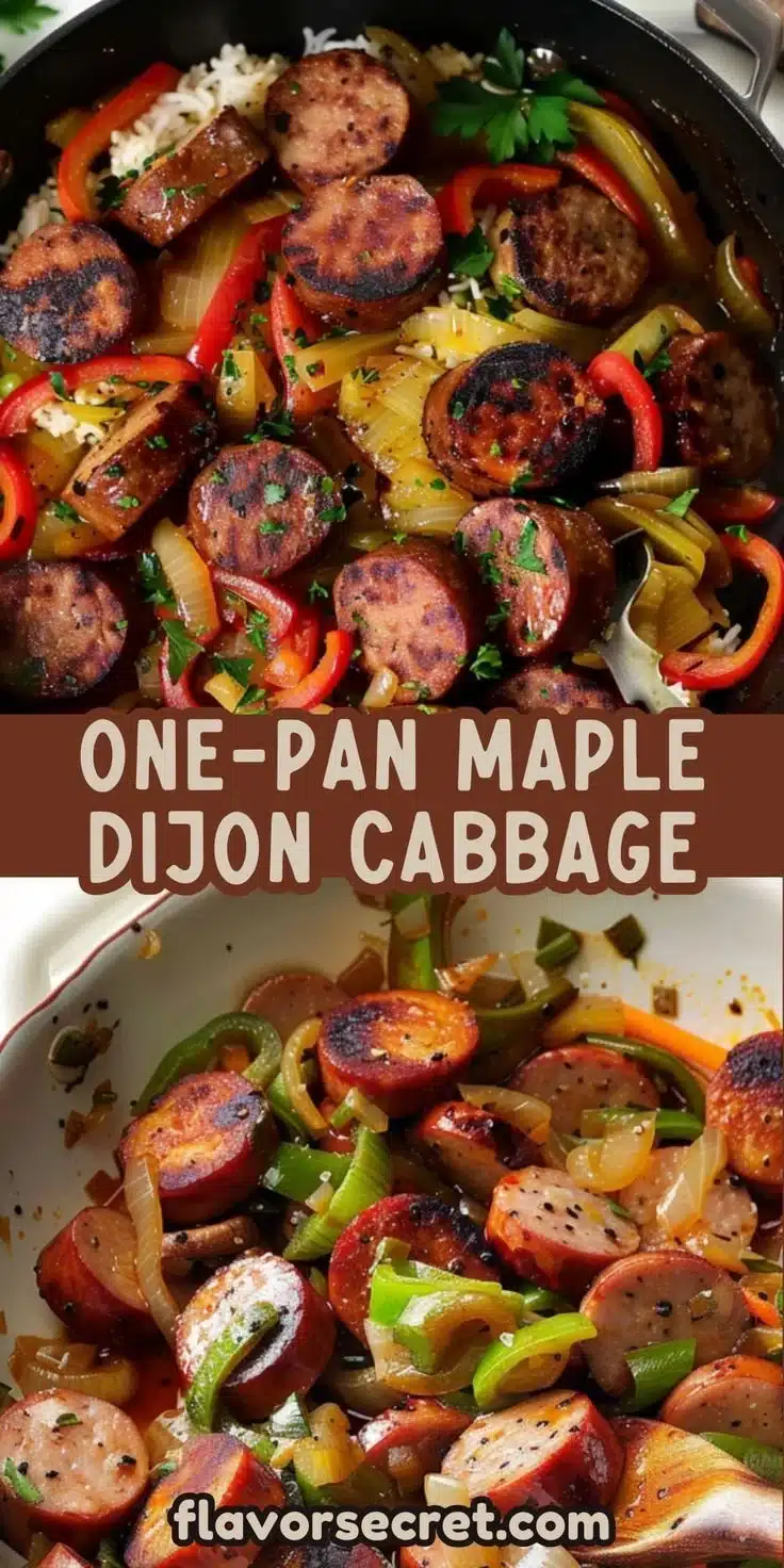 Maple Dijon Cabbage and Sausage Skillet with vibrant vegetables in a pan