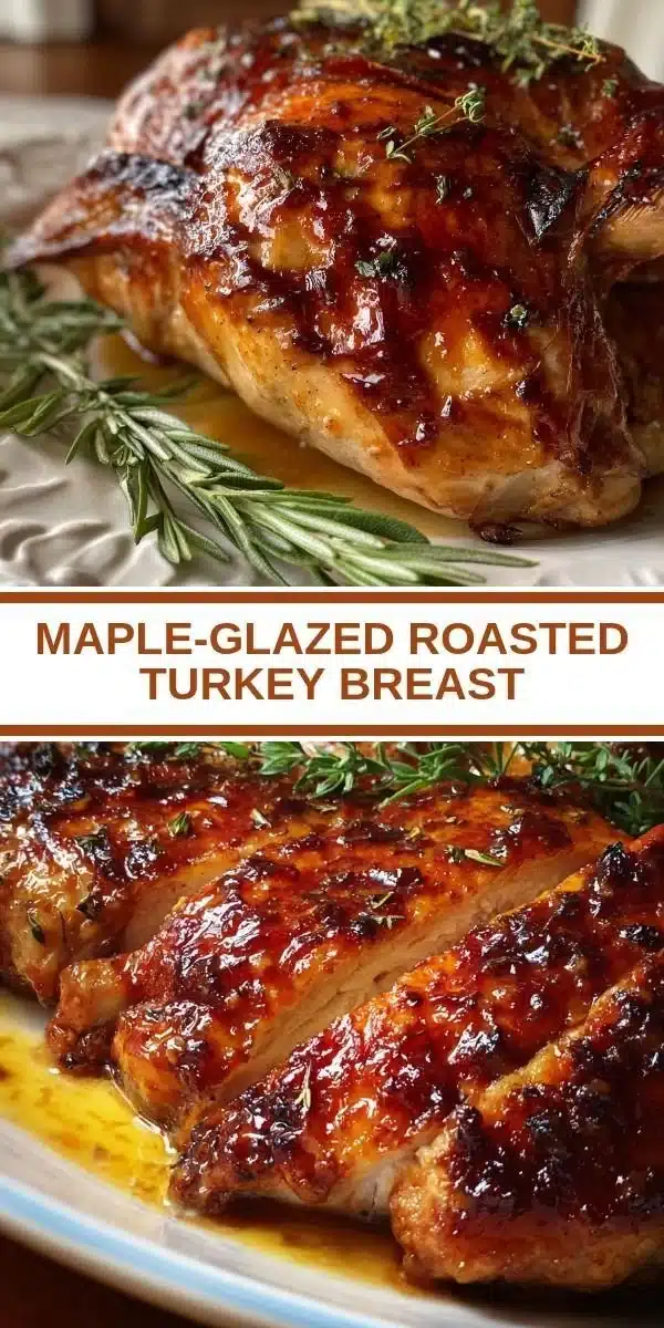 Maple-Glazed Roasted Turkey Breast on a platter garnished with herbs